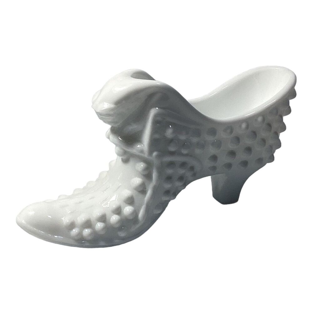 Fenton White Hobnail Milk Glass Slipper Shoe with Cat Decoration